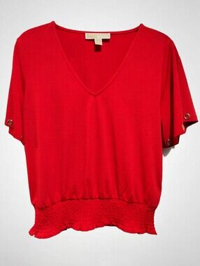 Michael Kors Vibrant Red Smocked-Hem Blouse